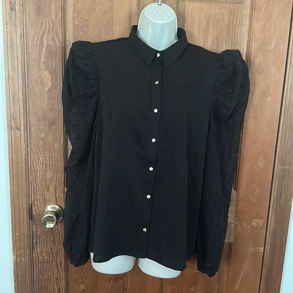 Jealous Tomato Women’s Black Blouse with See Through Sleeves Size Large